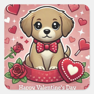 Cartoon Puppy with Valentine's Day Hearts Square Sticker