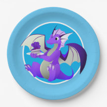Cartoon Purple Dragon with Cake Blue Paper Plates