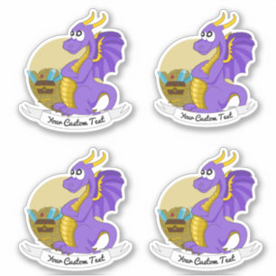 Cartoon purple dragon with treasure and text