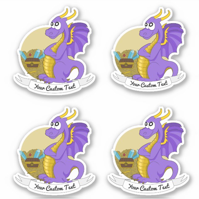 Cartoon purple dragon with treasure and text (Front)