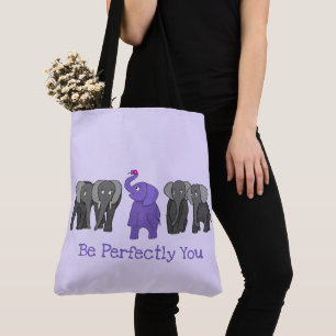 Cartoon Purple Elephant "Be Perfectly You" Tote Bag