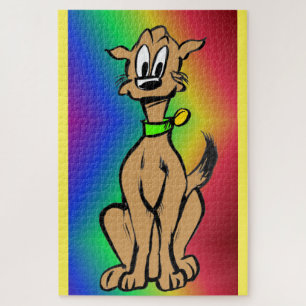 Cartoon Puzzle: Cute Sitting Dog, Rainbow Jigsaw Puzzle