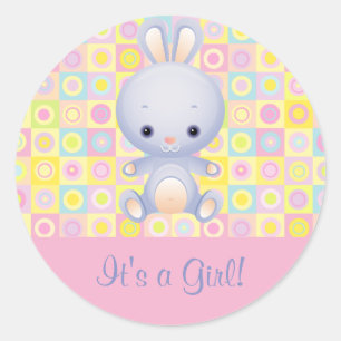 Cartoon Rabbit It's a Girl Birth Announcement Stic Classic Round Sticker
