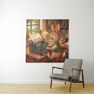 Cartoon Rabbit Typing in a Retro Typewriter Tapestry