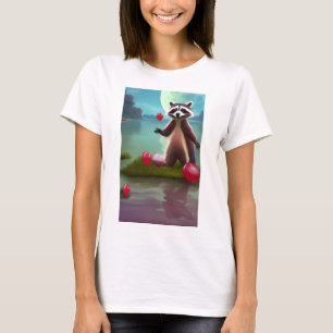 Cartoon Raccoon with a Maroon Balloon in a Lagoon T-Shirt
