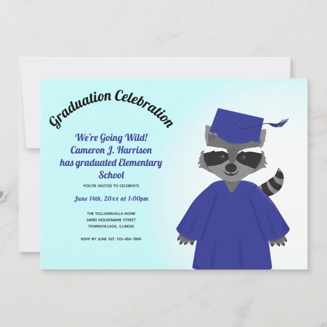Cartoon Racoon Blue Cap Gown Kid Graduation Invitation (Front)