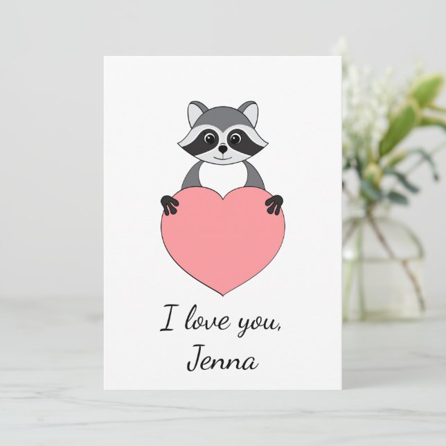 Cartoon Racoon in love Valentine Holiday Card (Standing Front)
