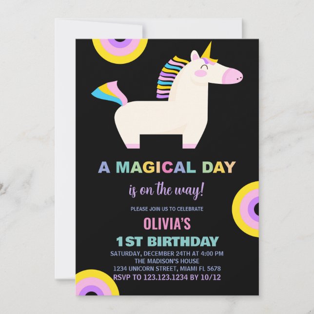 Cartoon Rainbow Unicorn Birthday Invitations (Front)