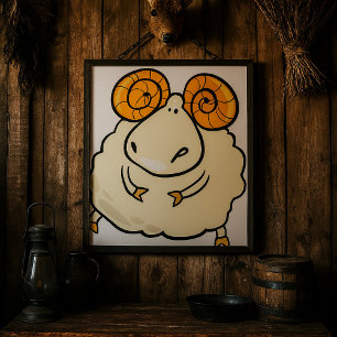 Cartoon Ram Sheep with Curled Horns Poster