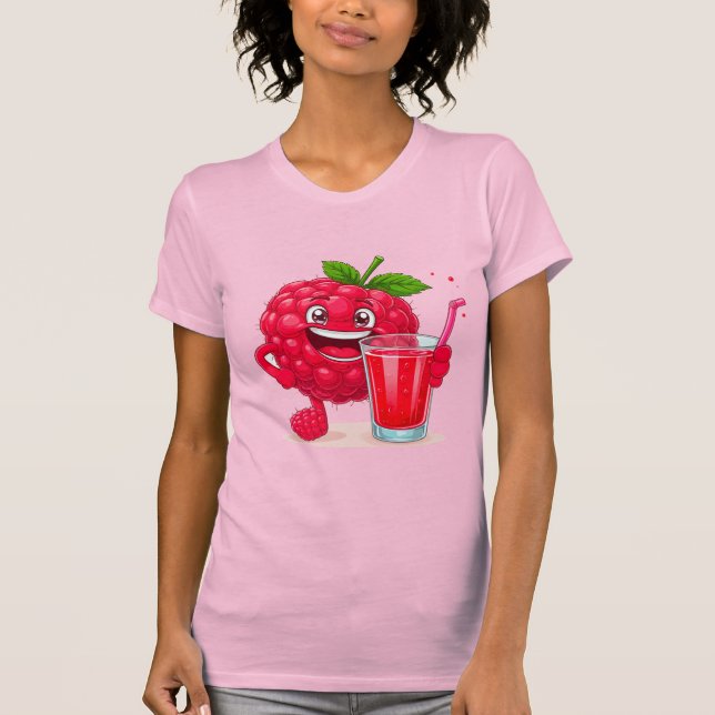 Cartoon Raspberry Character With a Smoothie T-Shirt (Front)