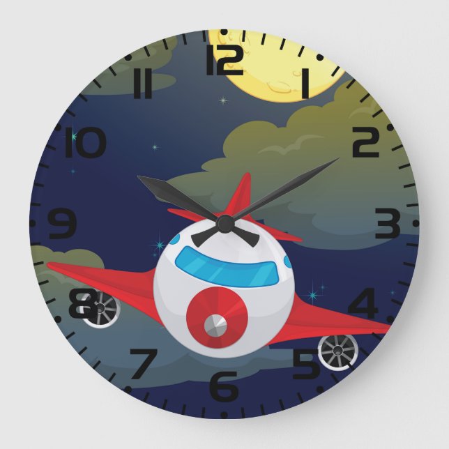 Cartoon Red Airplane Flying In Night Sky Large Clock (Front)