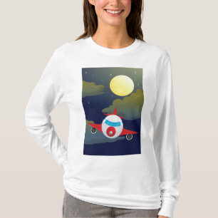 Cartoon Red Airplane Flying In Night Sky T-Shirt
