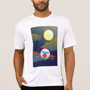 Cartoon Red Airplane Flying In Night Sky T-Shirt