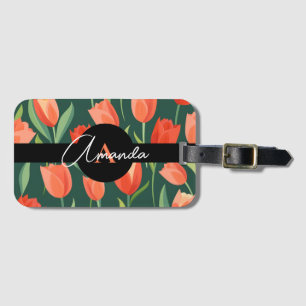 Cartoon Red and Green Monogramed Tulip Pattern Luggage Tag