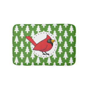 Cartoon Red Cardinal on Green White Pines Pattern Bath Mat
