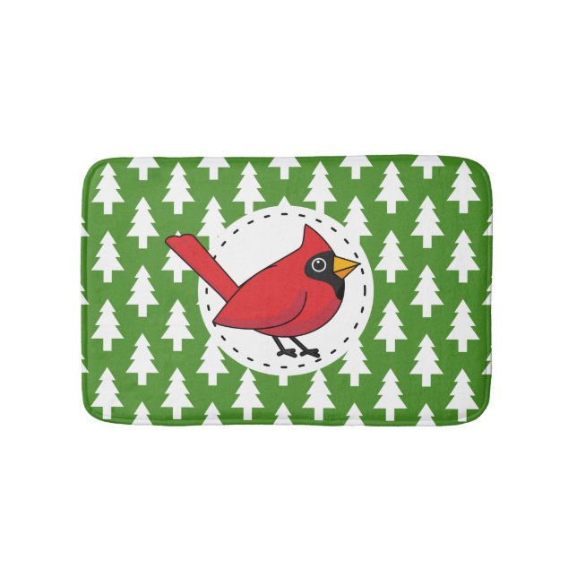 Cartoon Red Cardinal on Green White Pines Pattern Bath Mat (Front)