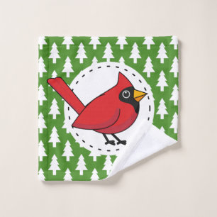 Cartoon Red Cardinal on Green White Pines Pattern Bath Towel Set