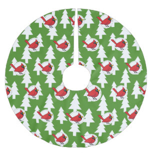 Cartoon Red Cardinal on Green White Pines Pattern Brushed Polyester Tree Skirt