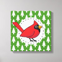 Cartoon Red Cardinal on Green White Pines Pattern
