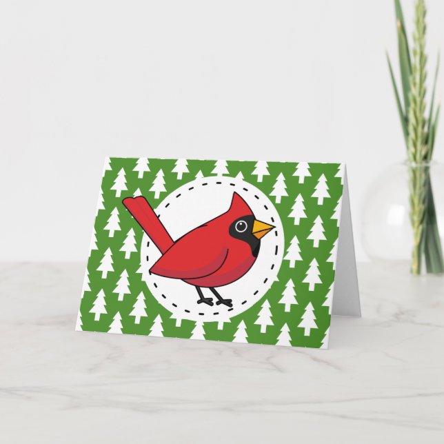 Cartoon Red Cardinal on Green White Pines Pattern Card (Front)