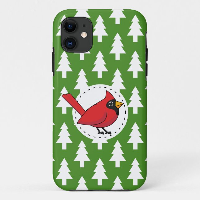 Cartoon Red Cardinal on Green White Pines Pattern Case-Mate iPhone Case (Back)