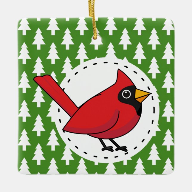 Cartoon Red Cardinal on Green White Pines Pattern Ceramic Ornament (Front)