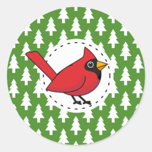 Cartoon Red Cardinal on Green White Pines Pattern Classic Round Sticker