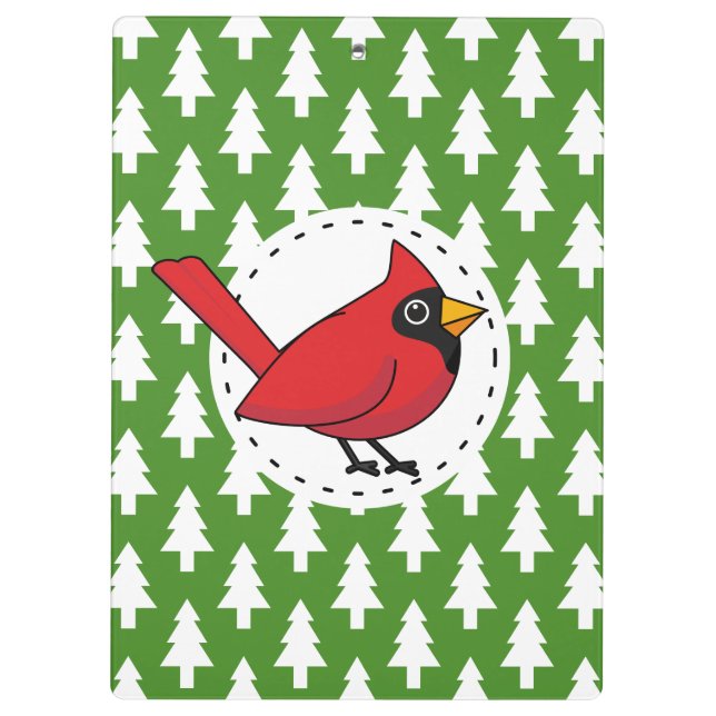 Cartoon Red Cardinal on Green White Pines Pattern Clipboard (Back)