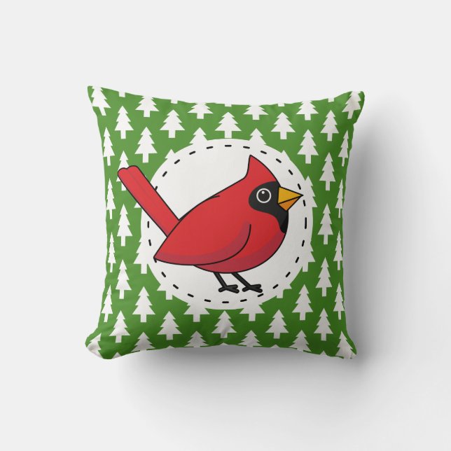 Cartoon Red Cardinal on Green White Pines Pattern Cushion (Front)