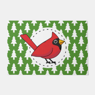Cartoon Red Cardinal on Green White Pines Pattern Doormat
