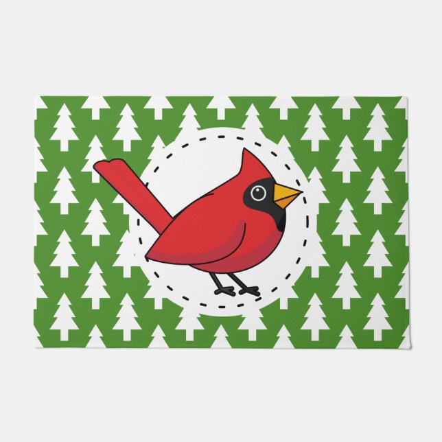 Cartoon Red Cardinal on Green White Pines Pattern Doormat (Front)