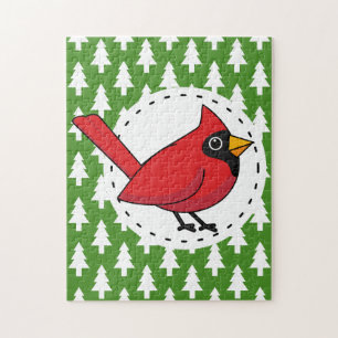 Cartoon Red Cardinal on Green White Pines Pattern Jigsaw Puzzle
