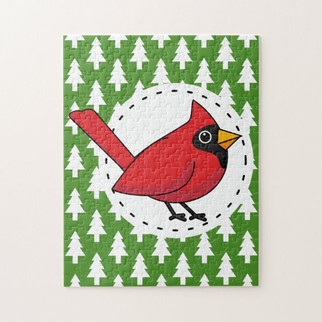 Cartoon Red Cardinal on Green White Pines Pattern Jigsaw Puzzle (Vertical)