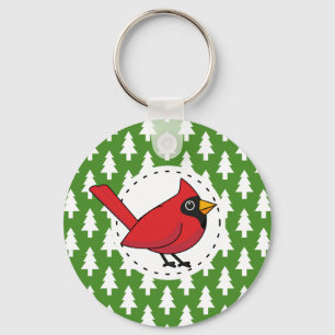 Cartoon Red Cardinal on Green White Pines Pattern Key Ring