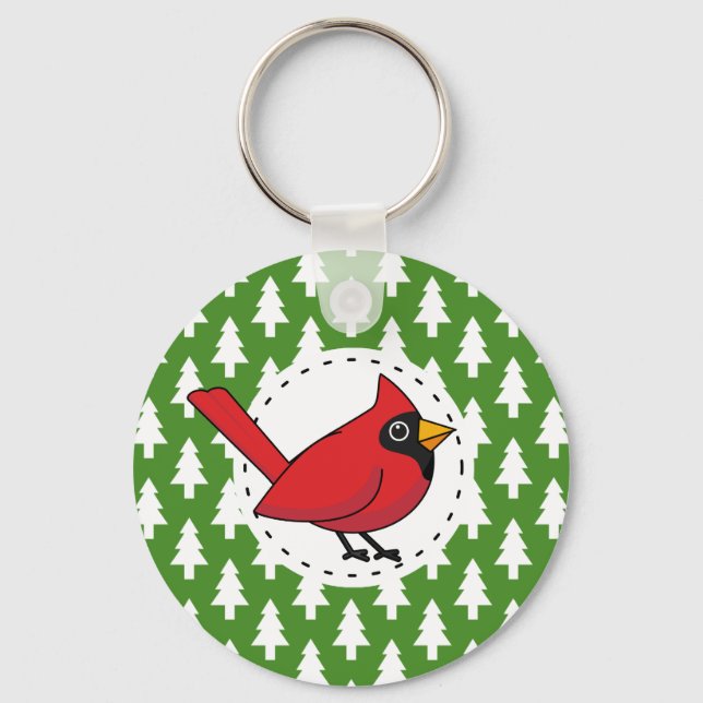 Cartoon Red Cardinal on Green White Pines Pattern Key Ring (Front)