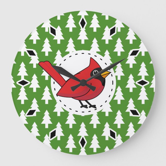 Cartoon Red Cardinal on Green White Pines Pattern Large Clock (Front)