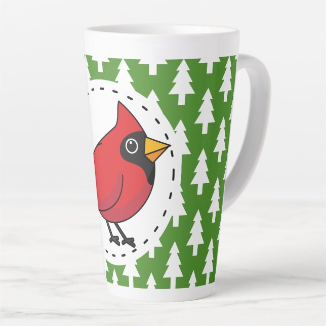 Cartoon Red Cardinal on Green White Pines Pattern Latte Mug (Right Angle)