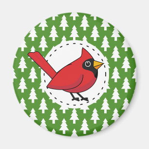 Cartoon Red Cardinal on Green White Pines Pattern Magnet