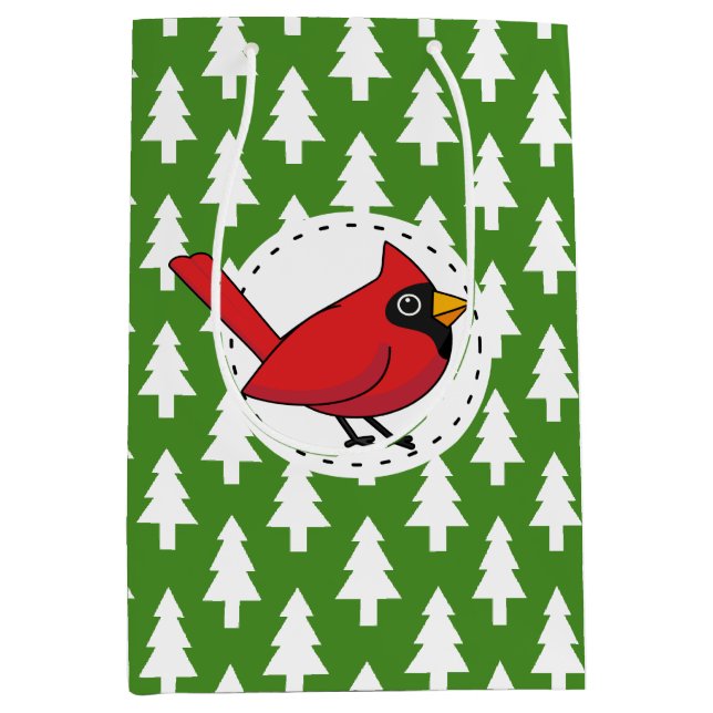 Cartoon Red Cardinal on Green White Pines Pattern Medium Gift Bag (Front)