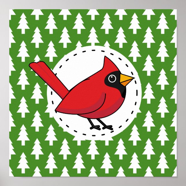 Cartoon Red Cardinal on Green White Pines Pattern Poster (Front)