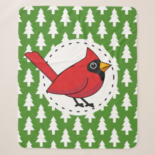 Cartoon Red Cardinal on Green White Pines Pattern Sherpa Blanket