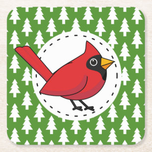 Cartoon Red Cardinal on Green White Pines Pattern Square Paper Coaster