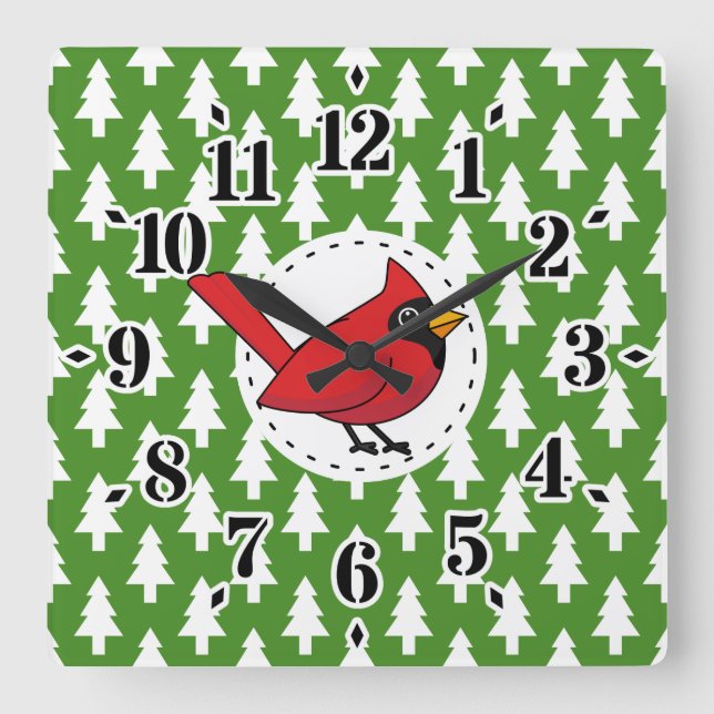 Cartoon Red Cardinal on Green White Pines Pattern Square Wall Clock (Front)