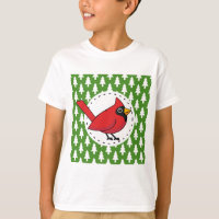 Cartoon Red Cardinal on Green White Pines Pattern