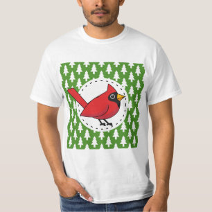 Cartoon Red Cardinal on Green White Pines Pattern T-Shirt
