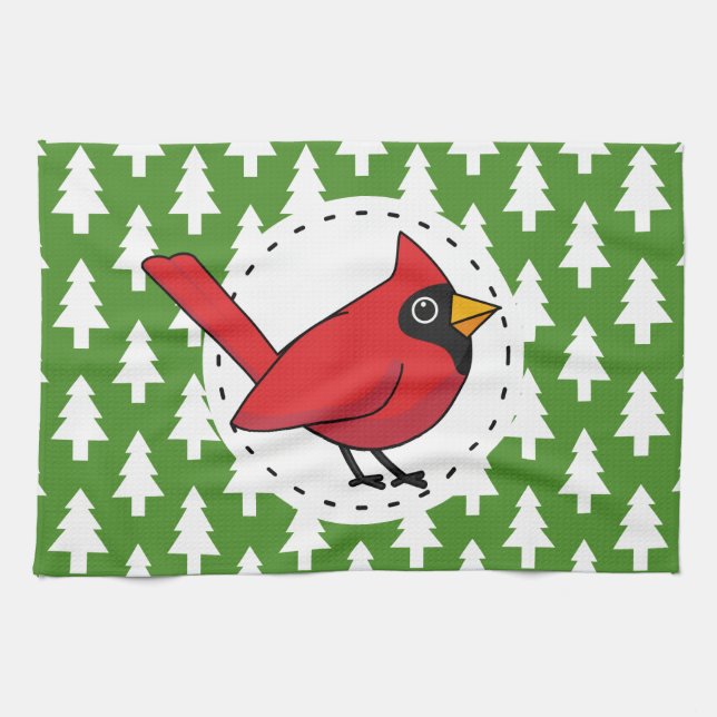 Cartoon Red Cardinal on Green White Pines Pattern Tea Towel (Horizontal)