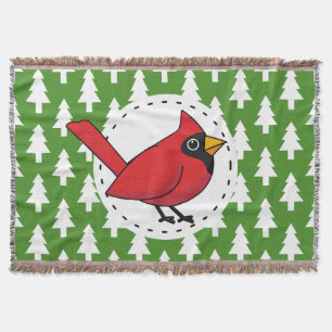 Cartoon Red Cardinal on Green White Pines Pattern Throw Blanket