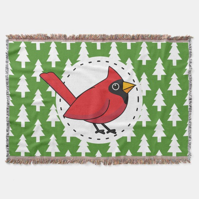 Cartoon Red Cardinal on Green White Pines Pattern Throw Blanket (Front)