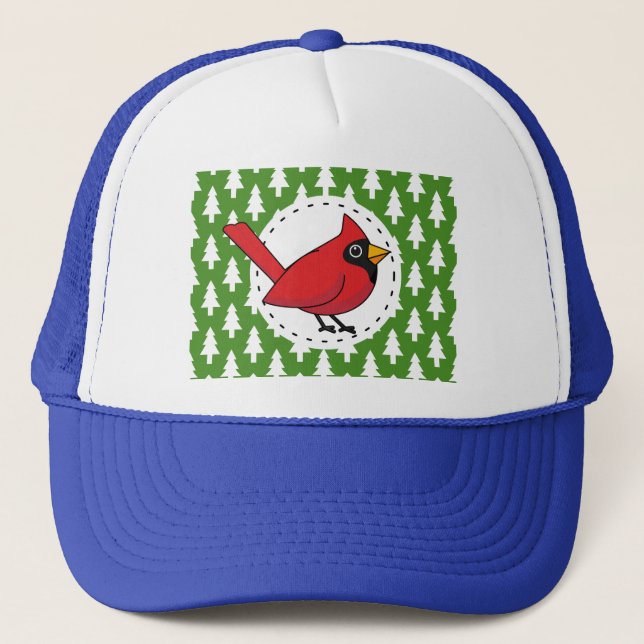 Cartoon Red Cardinal on Green White Pines Pattern Trucker Hat (Front)