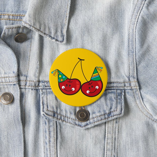 Cartoon Red Cheeky Cherries with Party Hats Button (In Situ)